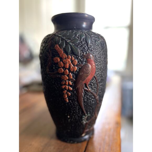 Vintage Textured Japanese Tokonabe Black Vase Bird and Flowers - Picture 1 of 6